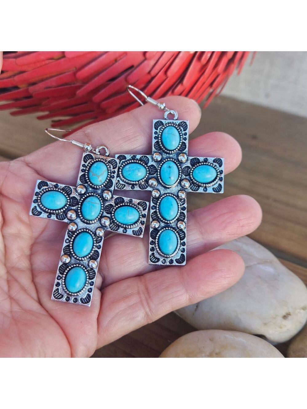 Western Boho Turquoise Cross Earrings - Picture 2 of 5